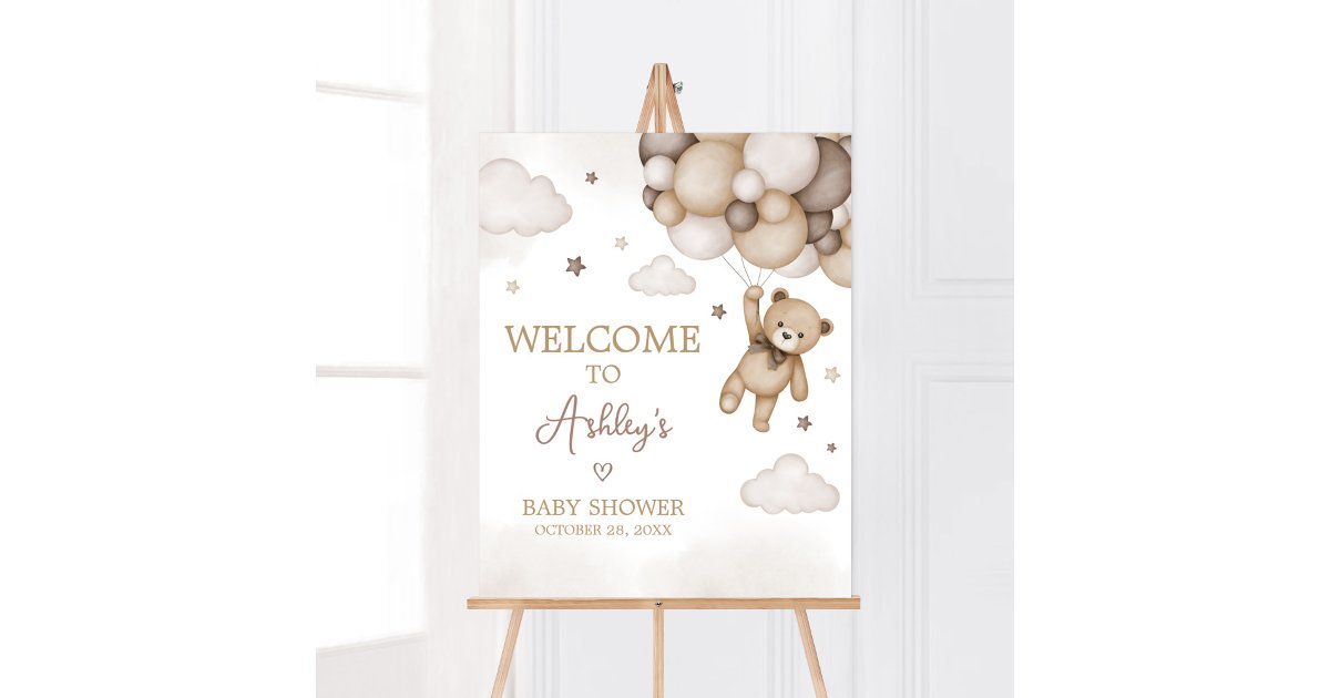 Brown Bear Balloon Baby Shower Welcome Poster | Zazzle