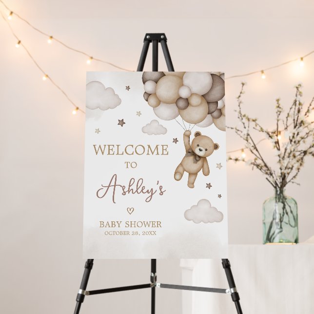 Brown Bear Balloon Baby Shower Welcome Sign (In Situ (Stand))