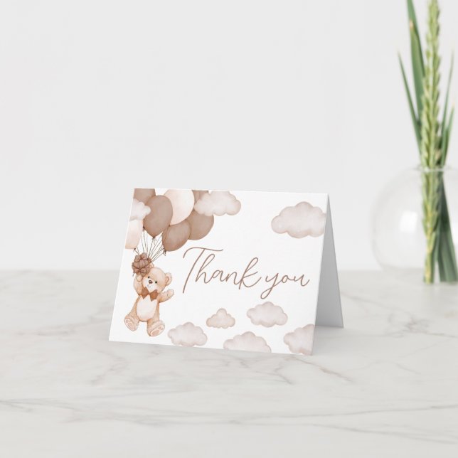 Brown Bear Balloon Bearly Wait Baby Shower Thank You Card (Front)