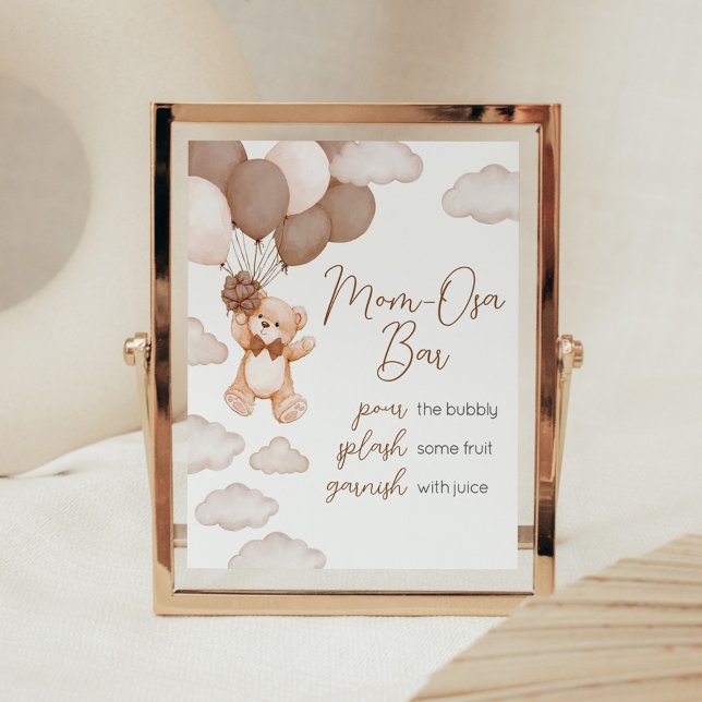 Brown Bear Balloon Bearly Wait Mom Osa Bar Poster (Brown Baby Bear Balloon Baby Shower Mom Osa Bar Sign)