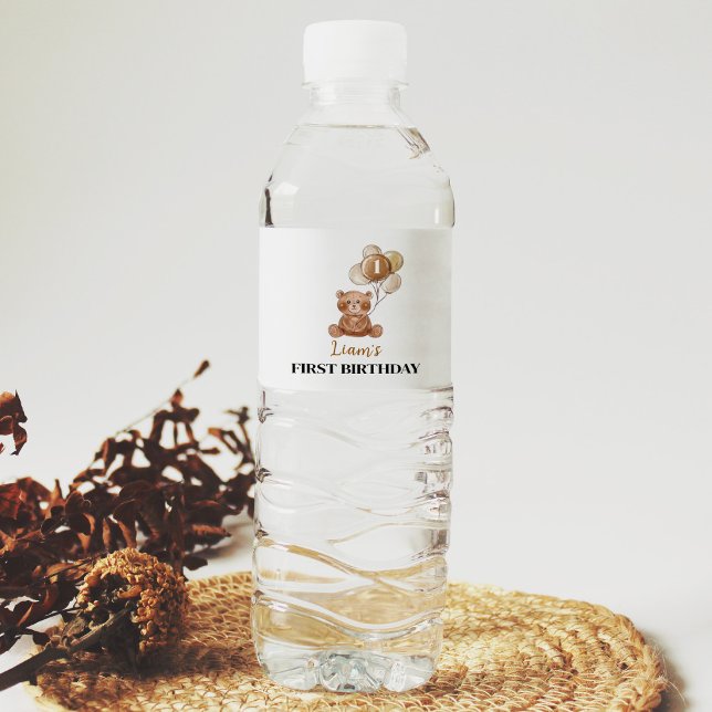 Brown Bear Balloon Birthday Water Bottle Label (Creator Uploaded)