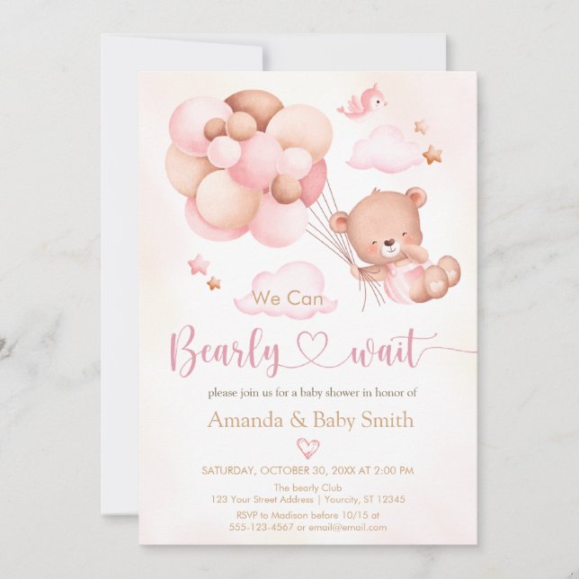  Brown Bear Balloon girl Baby Shower Invitation (Front)