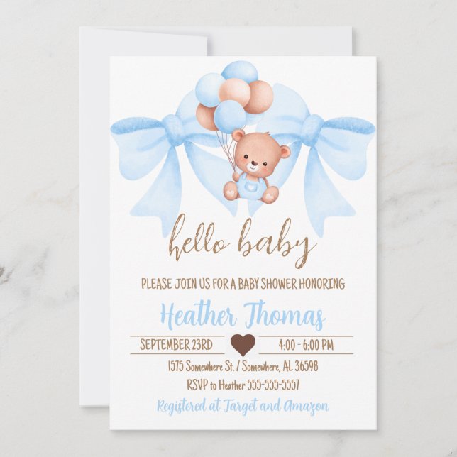 Brown Bear Blue Bow Baby Shower Invitation (Front)