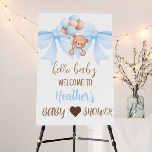 Brown Bear Blue Bow Baby Shower Welcome Sign