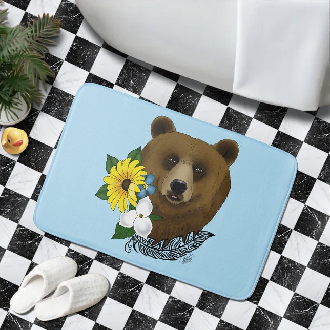 Brown Bear Blue Flowers Feather Bath Mat (Creator Uploaded)