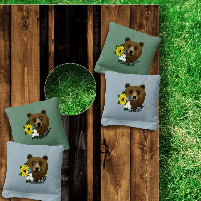 Brown Bear Blue Flowers Feather Cornhole Bags (Creator Uploaded)