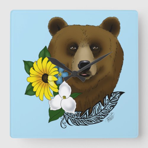 Brown Bear Blue Flowers Feather Square Wall Clock
