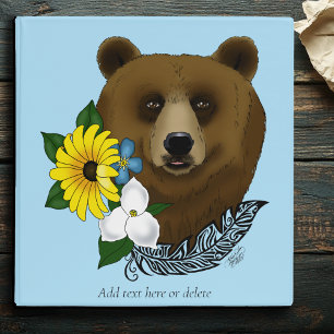 Brown Bear Blue Flowers Feather Wildlife  3 Ring Binder