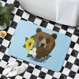Brown Bear Blue Flowers Feather Wildlife  Bath Mat