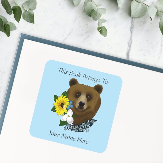 Brown Bear Blue Flowers Feather Wildlife Bookplate (Creator Uploaded)