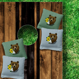 Brown Bear Blue Flowers Feather Wildlife Cornhole Bags