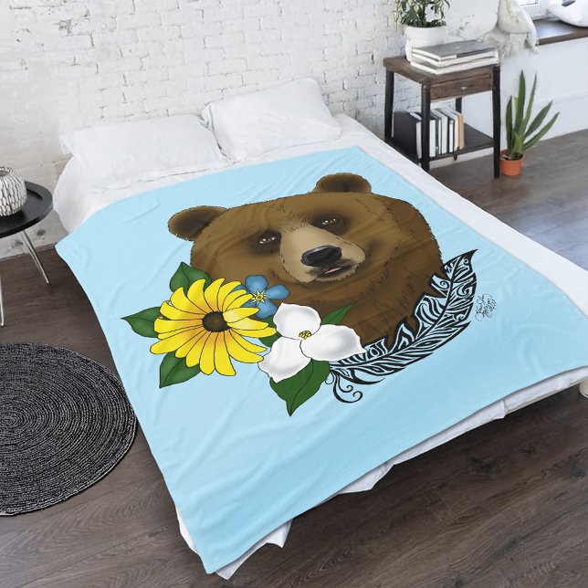 Brown Bear Blue Flowers Feather Wildlife Fleece Blanket (Creator Uploaded)