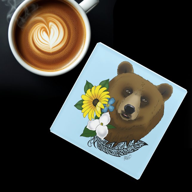 Brown Bear Blue Flowers Feather Wildlife Glass Coaster (Creator Uploaded)