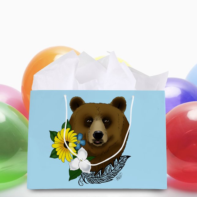 Brown Bear Blue Flowers Feather Wildlife Large Gift Bag (Creator Uploaded)