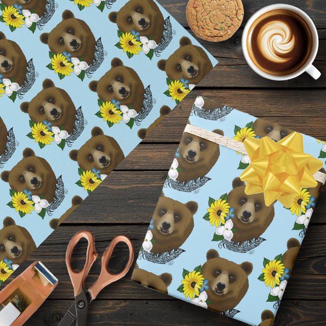 Brown Bear Blue Flowers Feather Wildlife Wrapping Paper (Creator Uploaded)
