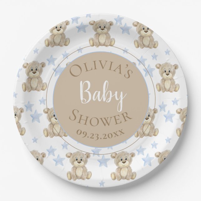 Brown Bear Blue Stars Watercolor Baby Shower Paper Plates (Front)