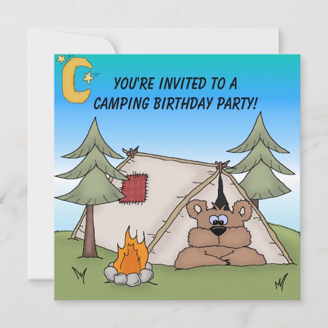 Brown Bear Camping Birthday Invitation (Front)