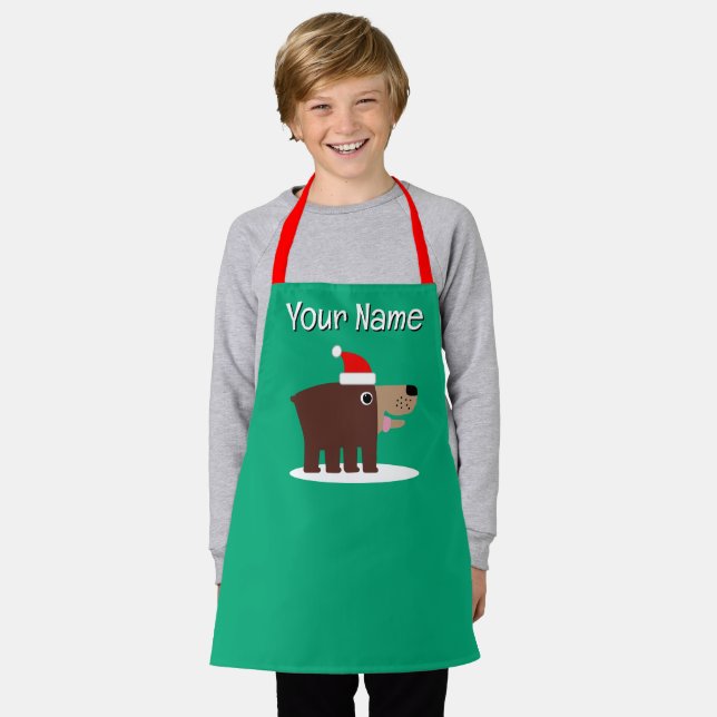 Brown bear cartoon with santa hat kid's Christmas Apron (Worn)
