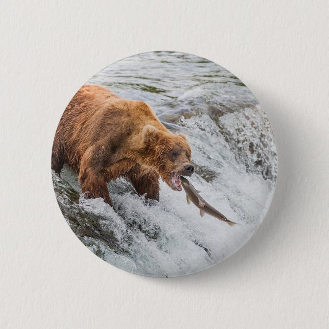 Brown Bear Catches Red Salmon Button (Front)