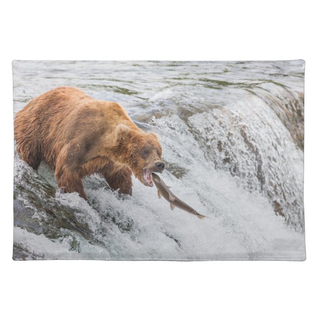 Brown Bear Catches Red Salmon Cloth Placemat (Front)