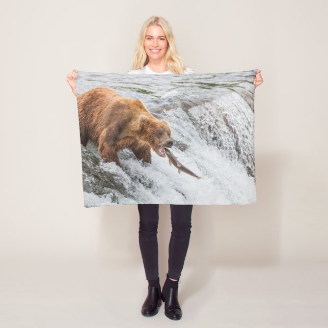 Brown Bear Catches Red Salmon Fleece Blanket (In Situ)