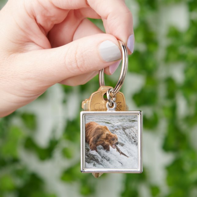 Brown Bear Catches Red Salmon Keychain (Hand)