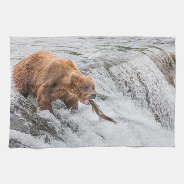 Brown Bear Catches Red Salmon Kitchen Towel (Horizontal)