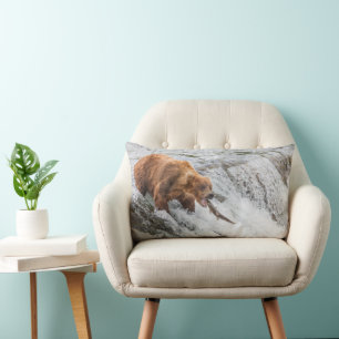 Brown Bear Catches Red Salmon Lumbar Pillow
