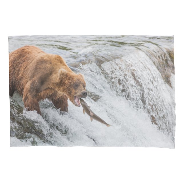 Brown Bear Catches Red Salmon Pillow Case (Front)