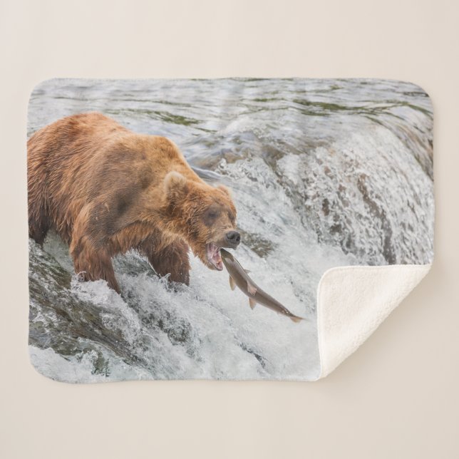 Brown Bear Catches Red Salmon Sherpa Blanket (Front (Horizontal))