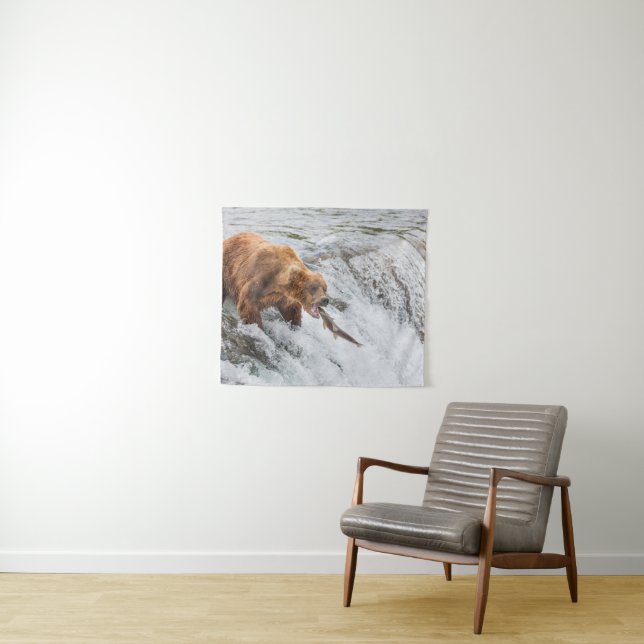 Brown Bear Catches Red Salmon Tapestry (In Situ (Horizontal))