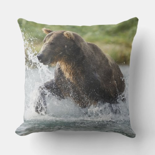 Brown Bear chasing salmon in river Throw Pillow