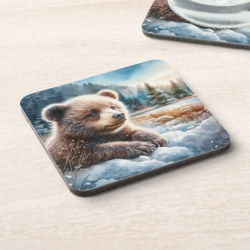 Brown Bear Cub in Winter Snow and Pine Trees Beverage Coaster