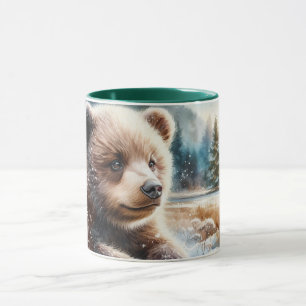 Brown Bear Cub in Winter Snow and Pine Trees Mug