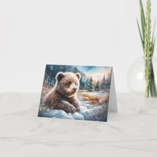 Brown Bear Cub in Winter Snow and Pine Trees Note Card (Front)