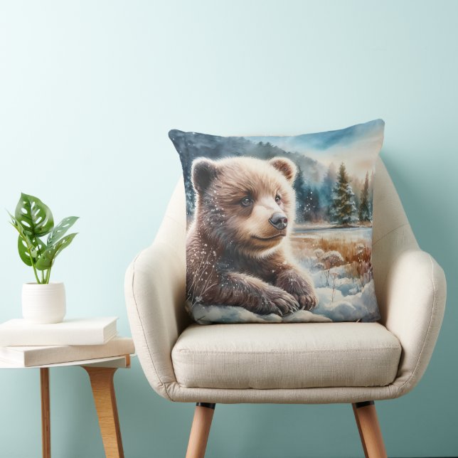 Brown Bear Cub in Winter Snow and Pine Trees Throw Pillow (Chair)