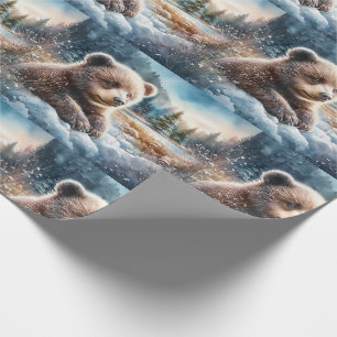 Brown Bear Cub in Winter Snow and Pine Trees Wrapping Paper