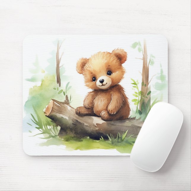 Brown Bear Cub On Log Mouse Pad (With Mouse)