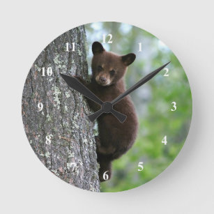Brown Bear Cub Tree Photo Round Clock