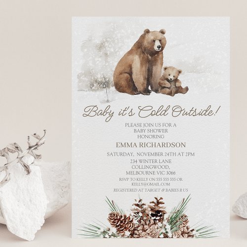 Brown Bear Cub Winter Baby Shower Invitation