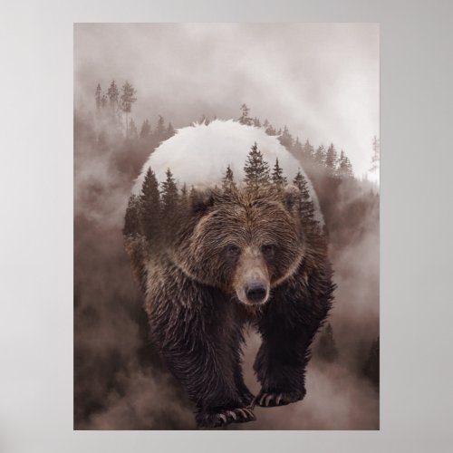 Brown Bear Double Exposure Forest Poster