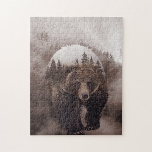 Brown Bear Double Exposure Forest Poster Jigsaw Puzzle
