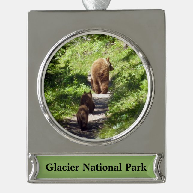 Brown Bear Family Silver Plated Banner Ornament (Front)