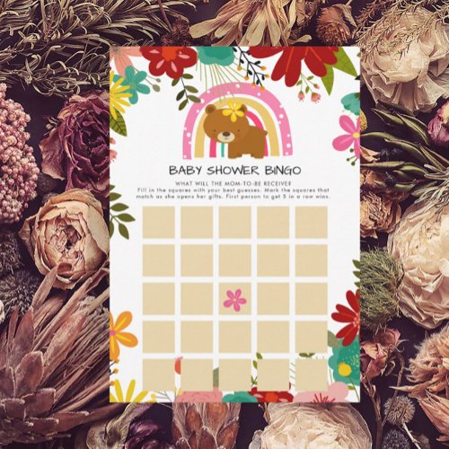  Brown Bear Floral Frame Baby Shower Bingo Card