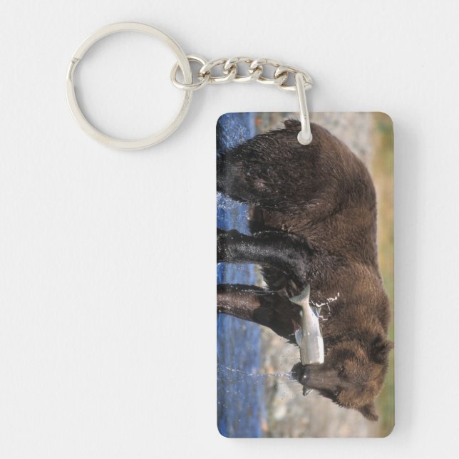 Brown bear, grizzly bear, with salmon catch, keychain (Front)