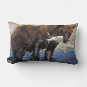 Brown bear, grizzly bear, with salmon catch, lumbar pillow