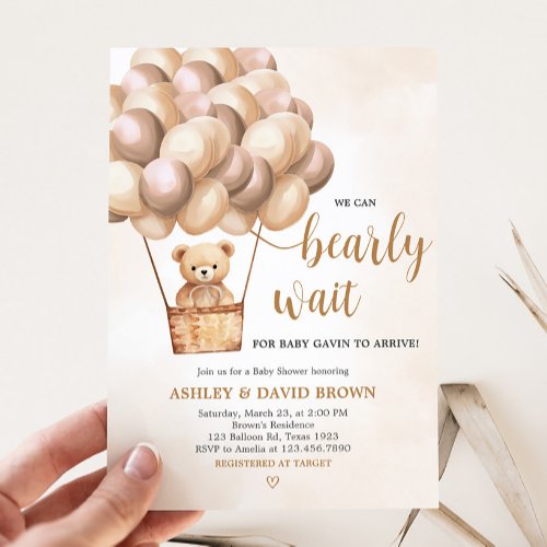 Brown Bear Hot Air Balloon Baby Shower Invitation