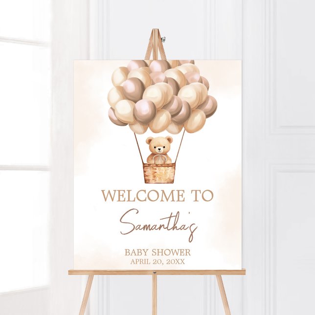 Brown Bear Hot Air Balloon Baby Shower Welcome Poster (Gender Neutral Baby Bear Baby Shower Welcome Sign)