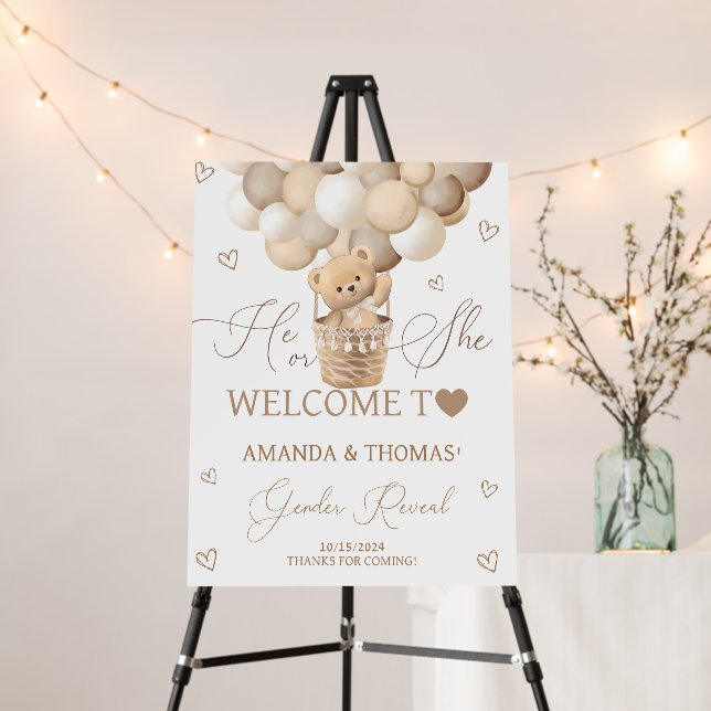 Brown Bear Hot Air Balloon Gender Reveal Welcome Foam Board (In Situ (Stand))