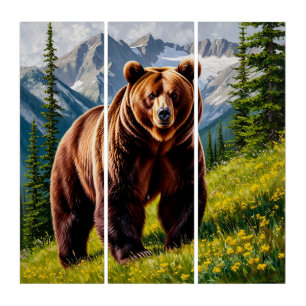 Brown Bear in a Mountain Meadow Triptych